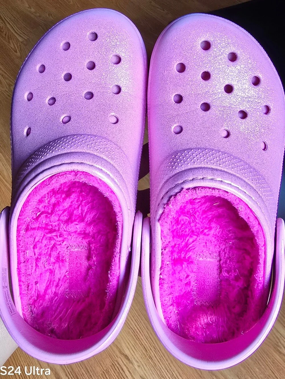 Sz 3 Little Girl's CROCS CLASSIC LINED Pink Glitter Comfort Clogs